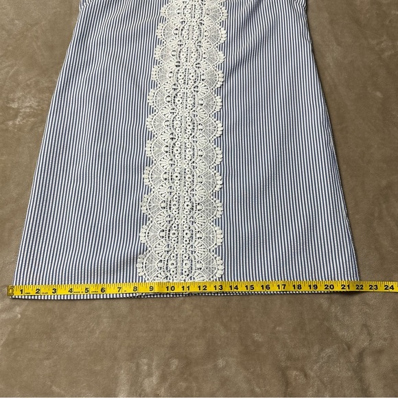 London Times Seersucker Racerback Sundress Blue White Stripes Crochet Size 10 - Picture 10 of 12